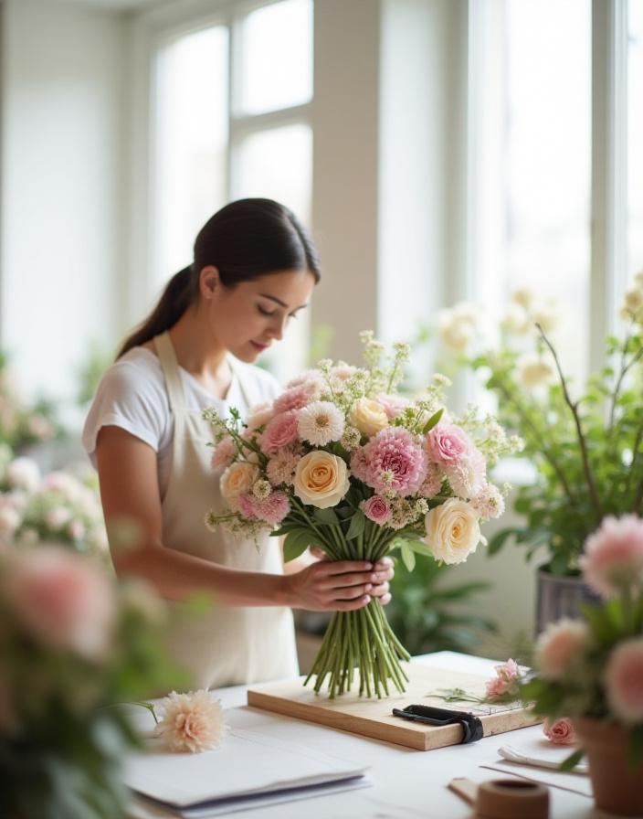 The lead florist arranging a bouquet of seasonal flowers inside the bright, airy Harbour Hydrangeas studio.