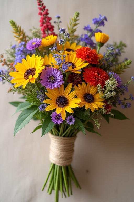 A hand-tied bouquet of colourful wildflowers.